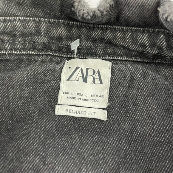 Zara Mens Black Denim Overshirt Text Print Graphic Black Distressed Snap Button - Picture 4 of 4